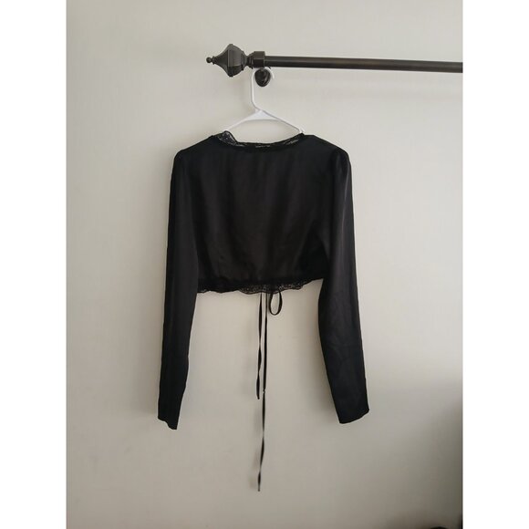Double Crazy Womens M Black Satin Crop‎ Top Long Sleeve Tie Front  Blouse Party - Picture 6 of 6